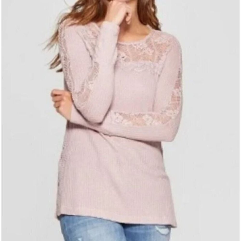 Knox Rose Top Womens Large Waffle Thermal Knit Lace Accent Long Sleeve Boho